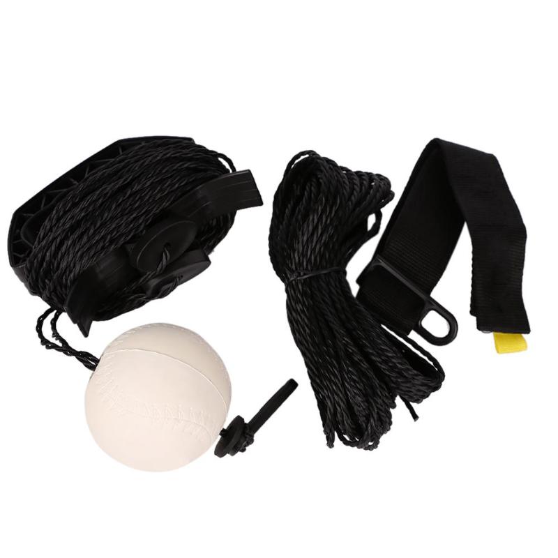 The Backyard Slugger kit laid out: cords, the ball, the hand grips and the anchor strap