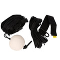 The Backyard Slugger kit laid out: cords, the ball, the hand grips and the anchor strap